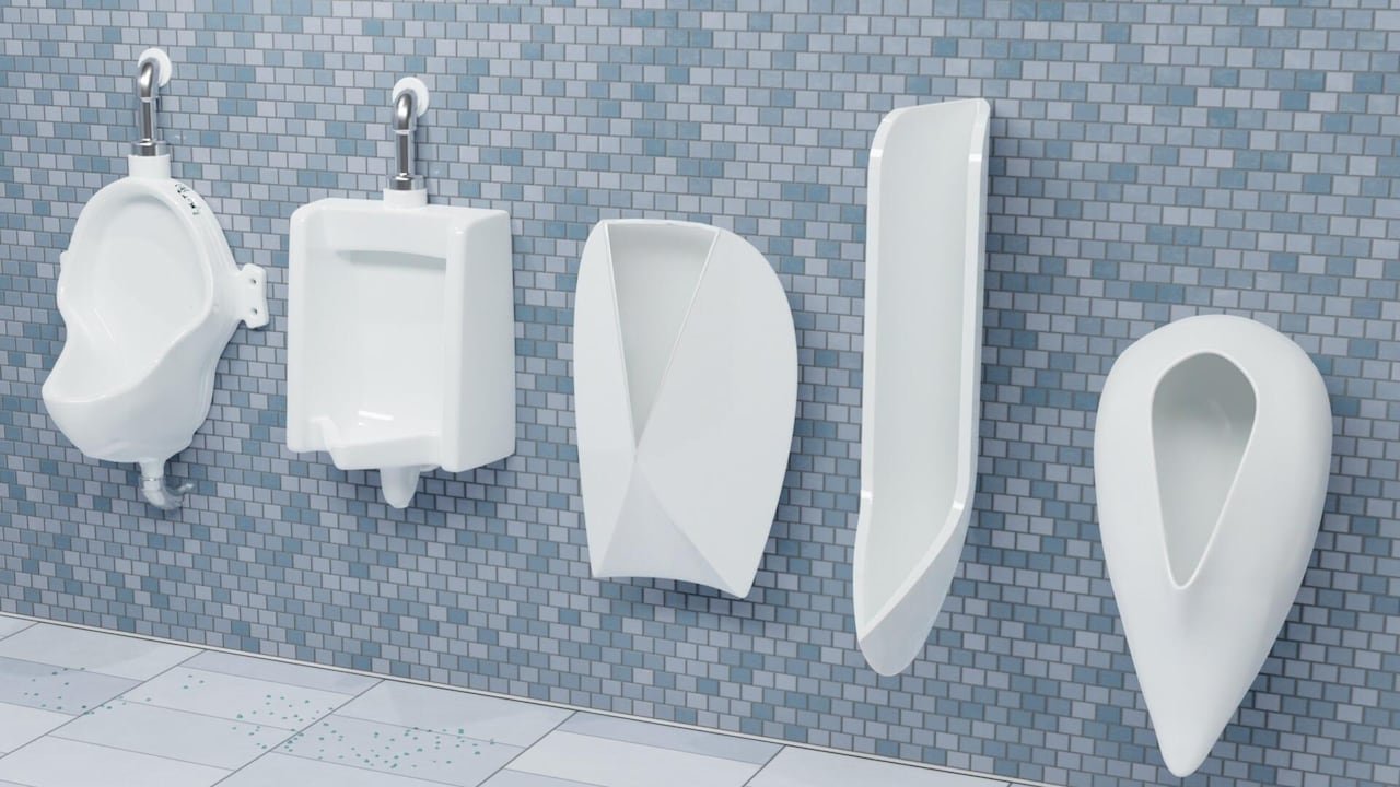 default-35 Five different urinal designs, including a long and narrow one and models with front barriers.